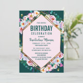 Rosa Blume Gold Trim Emerald Jade Birthday Einladung (Stehend Vorderseite)