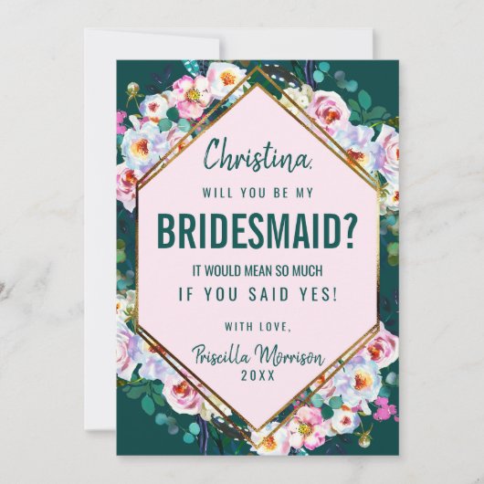 Rosa Blume Gold Trim Emerald Jade Bridesmaid Einladung (Vorderseite)