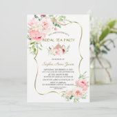 Rosa Blume Goldene Bridal Teezeremonie Party Einladung (Stehend Vorderseite)