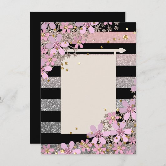 Rosa Blume, goldfarbene Polka-Punkte, Streifen Einladung (Vorne/Hinten)