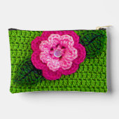 Rosa Blume Grass Green Leaf Kunsthandwerk Crochet  Zubehörtasche (Rückseite)