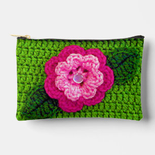 Rosa Blume Grass Green Leaf Kunsthandwerk Crochet  Zubehörtasche
