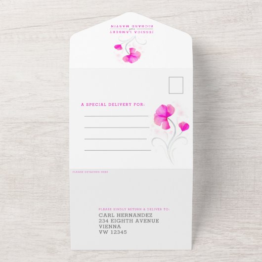 Rosa Blume graue, wirbelfarbene Hochzeit All In One Einladung (Außenbereich)