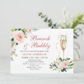 Rosa Blume Grün Bläserner Brunch & Bubbly Einladung (Stehend Vorderseite)
