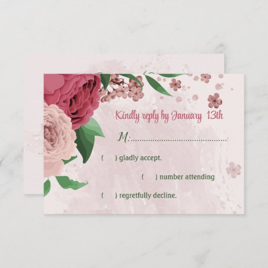 Rosa Blume Grün Blätter botanische Hochzeit RSVP Karte (Vorne/Hinten)