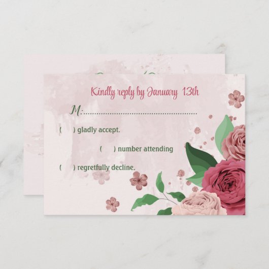 Rosa Blume Grün Blätter botanische Hochzeit RSVP Karte (Vorne/Hinten)