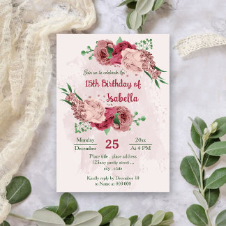 Rosa Blume Grün Blätter botanischer Geburtstag Einladung