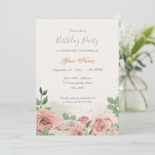 Rosa Blume grün Blätter Geburtstag Einladung (Stehend Vorderseite)