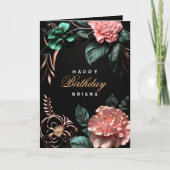 Rosa Blume Grün Blätter Goldene Elemente Geburtsta Karte (Vorderseite)