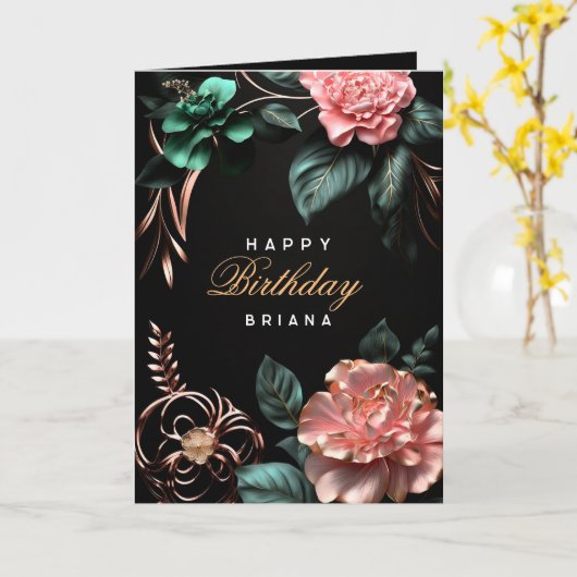 Rosa Blume Grün Blätter Goldene Elemente Geburtsta Karte (Gelbe Blume)