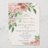 Rosa Blume grün Blätter Hochzeit Einladung (Vorne/Hinten)