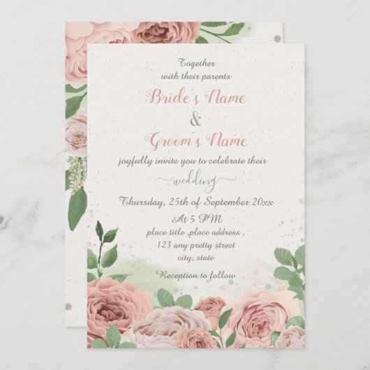 Rosa Blume grün Blätter Hochzeit Einladung (Vorne/Hinten)