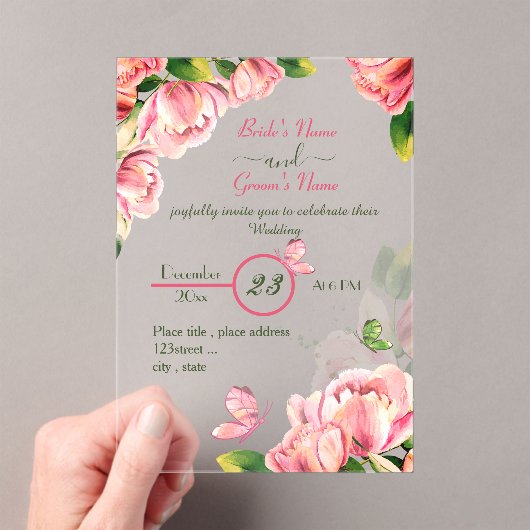 Rosa Blume Grün Blätter Schmetterlinge Hochzeit Acryleinladungen (Insitu (Handheld))