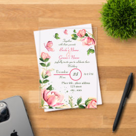 Rosa Blume Grün Blätter Schmetterlinge Hochzeit Acryleinladungen