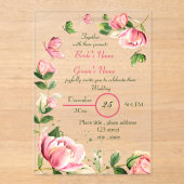 Rosa Blume Grün Blätter Schmetterlinge Hochzeit Acryleinladungen (Vorderseite)