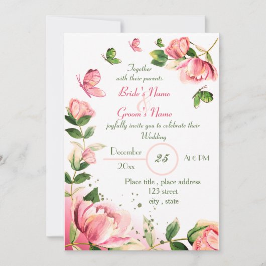 Rosa Blume Grün Blätter Schmetterlinge Hochzeit Einladung (Vorderseite)