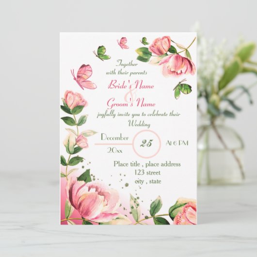 Rosa Blume Grün Blätter Schmetterlinge Hochzeit Einladung (Stehend Vorderseite)