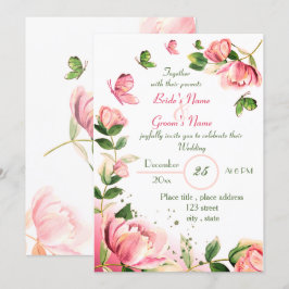 Rosa Blume Grün Blätter Schmetterlinge Hochzeit Einladung