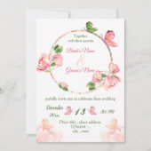 Rosa Blume Grün Blätter Schmetterlinge Hochzeit Einladung (Vorderseite)
