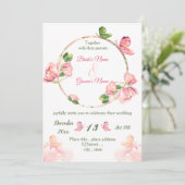Rosa Blume Grün Blätter Schmetterlinge Hochzeit Einladung (Stehend Vorderseite)