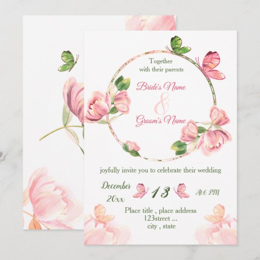 Rosa Blume Grün Blätter Schmetterlinge Hochzeit Einladung (Vorne/Hinten)