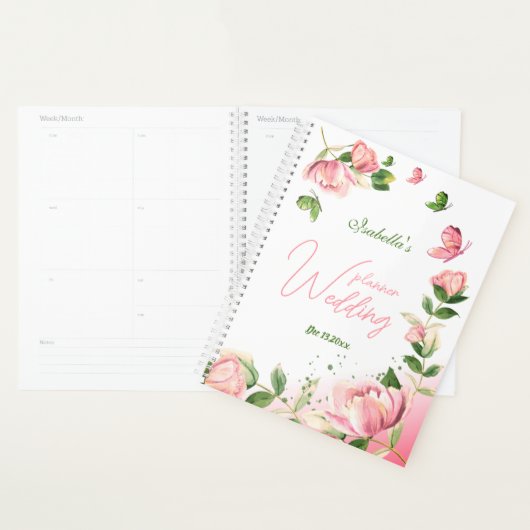 Rosa Blume Grün Blätter Schmetterlinge Hochzeit Planer (Anzeige)