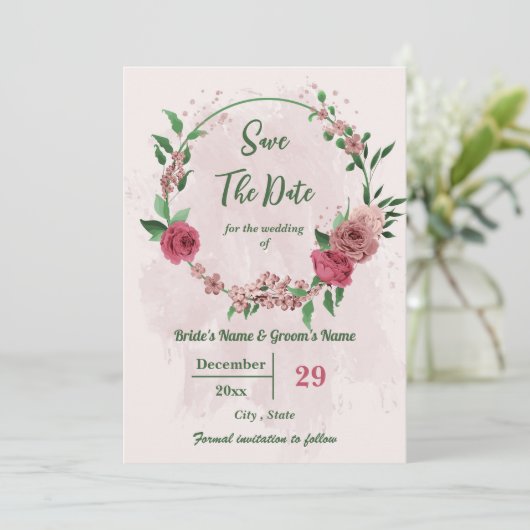 Rosa Blume Grüne Blätter botanisch Save The Date (Stehend Vorderseite)