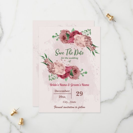 Rosa Blume Grüne Blätter botanisch Save The Date (Vorderseite/Rückseite Beispiel)