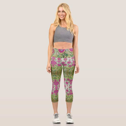 Rosa Blume Grüne Blätter Capri Leggings (Vorderseite)