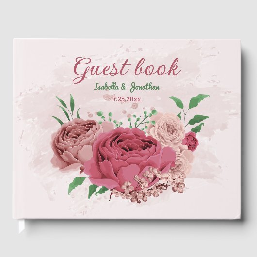 Rosa Blume Grüne Blätter Hochzeit Gästebuch (Vorderseite)