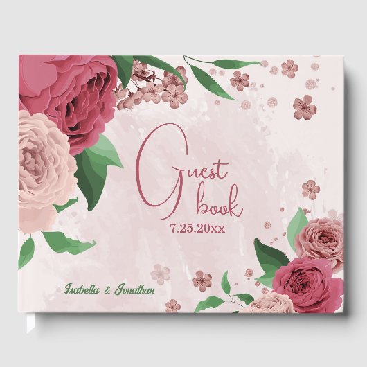 Rosa Blume Grüne Blätter Hochzeit Gästebuch (Vorderseite)