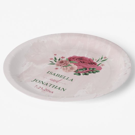 Rosa Blume Grüne Blätter Hochzeit Pappteller (Schrägansicht)