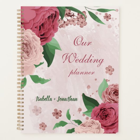 Rosa Blume Grüne Blätter Hochzeit Planer (Vorderseite)