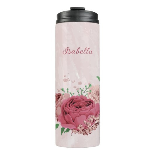 Rosa Blume Grüne Blätter Hochzeit Thermosbecher (Vorderseite)