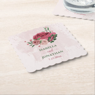 Rosa Blume Grüne Blätter Hochzeit Untersetzer