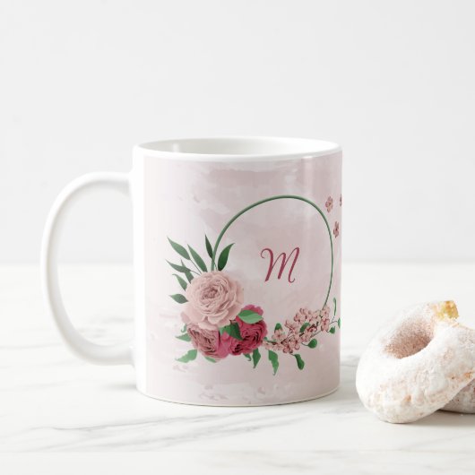 Rosa Blume, grüne Blätter Kaffeetasse (Mit Donut)