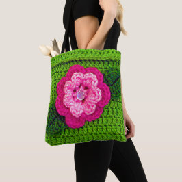 Rosa Blume Grüne Blätter Kunsthandwerk Crochet Pri Tasche