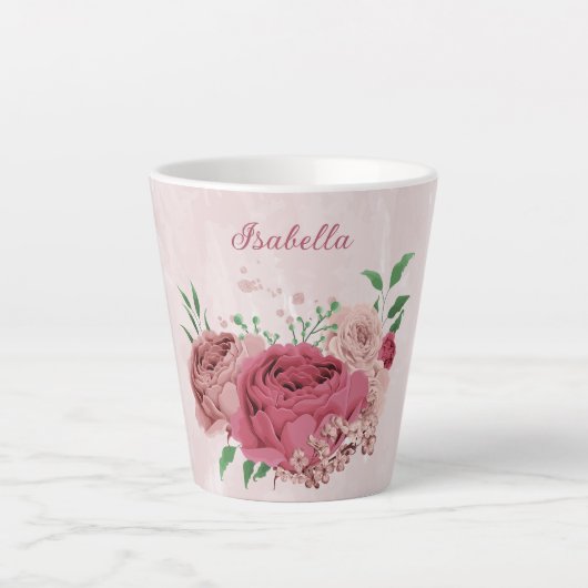 Rosa Blume, grüne Blätter Milchtasse (Vorderseite)