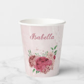 Rosa Blume, grüne Blätter Pappbecher (Rückseite)