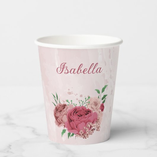 Rosa Blume, grüne Blätter Pappbecher (Rückseite)