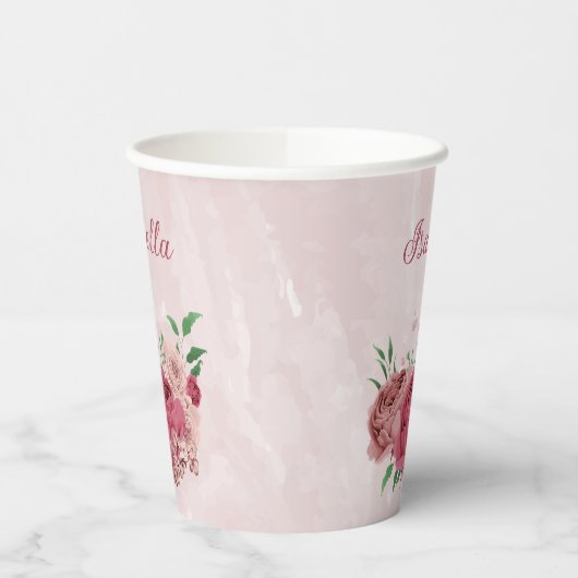 Rosa Blume, grüne Blätter Pappbecher (Links)