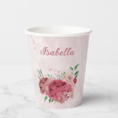 Rosa Blume, grüne Blätter Pappbecher (Vorderseite)