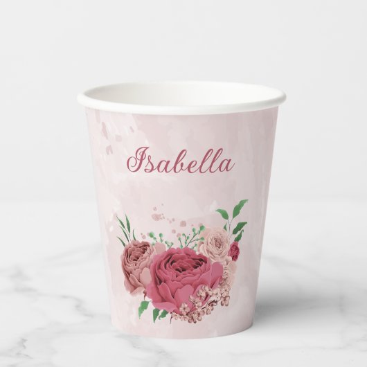 Rosa Blume, grüne Blätter Pappbecher (Vorderseite)