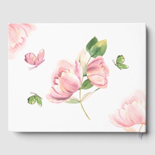 Rosa Blume Grüne Blätter Schmetterlinge Gästebuch (Rückseite)