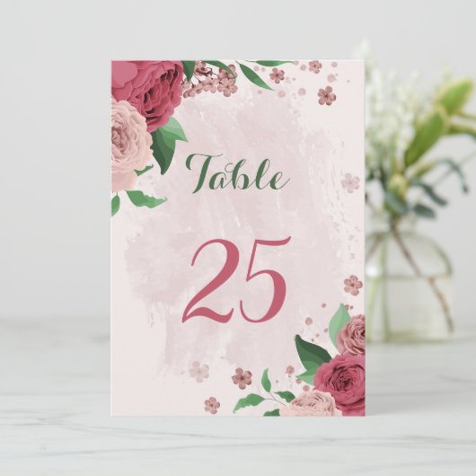 Rosa Blume, grüne Blätter Tischnummer (Stehend Vorderseite)