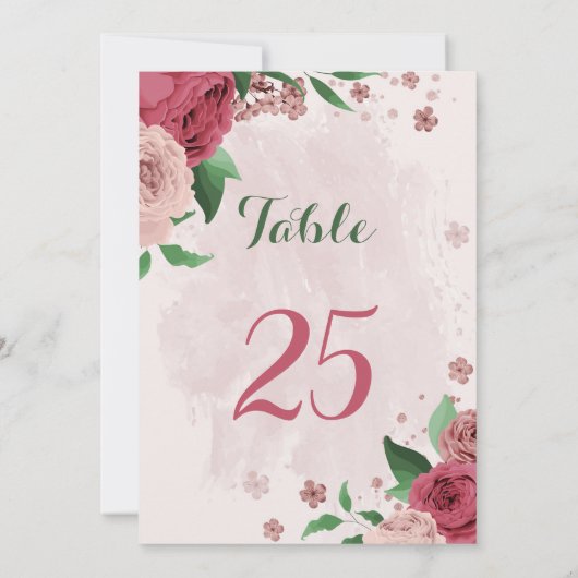 Rosa Blume, grüne Blätter Tischnummer (Rückseite)