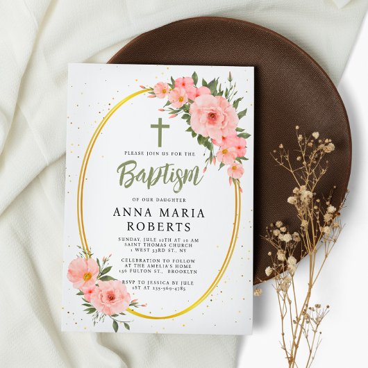 Rosa Blume Grüne Girl-Taufe Einladung