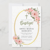 Rosa Blume Grüne Girl-Taufe Einladung (Vorderseite)