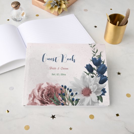 Rosa Blume Grüne Hochzeit Gästebuch (Vorderseite Offen)