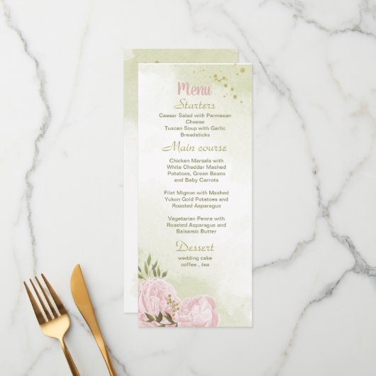 Rosa Blume Grüne Hochzeit Menükarte (Vorderseite/Rückseite Beispiel)